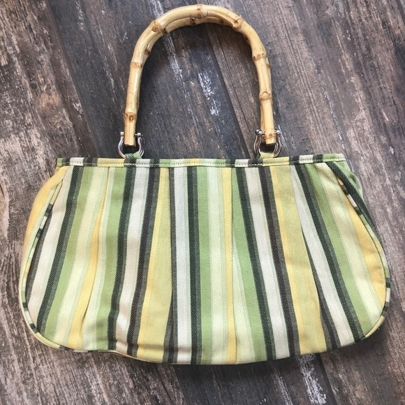 VINTAGE snap close green yellow bamboo handle satchel bag purse - Picture 2 of 5